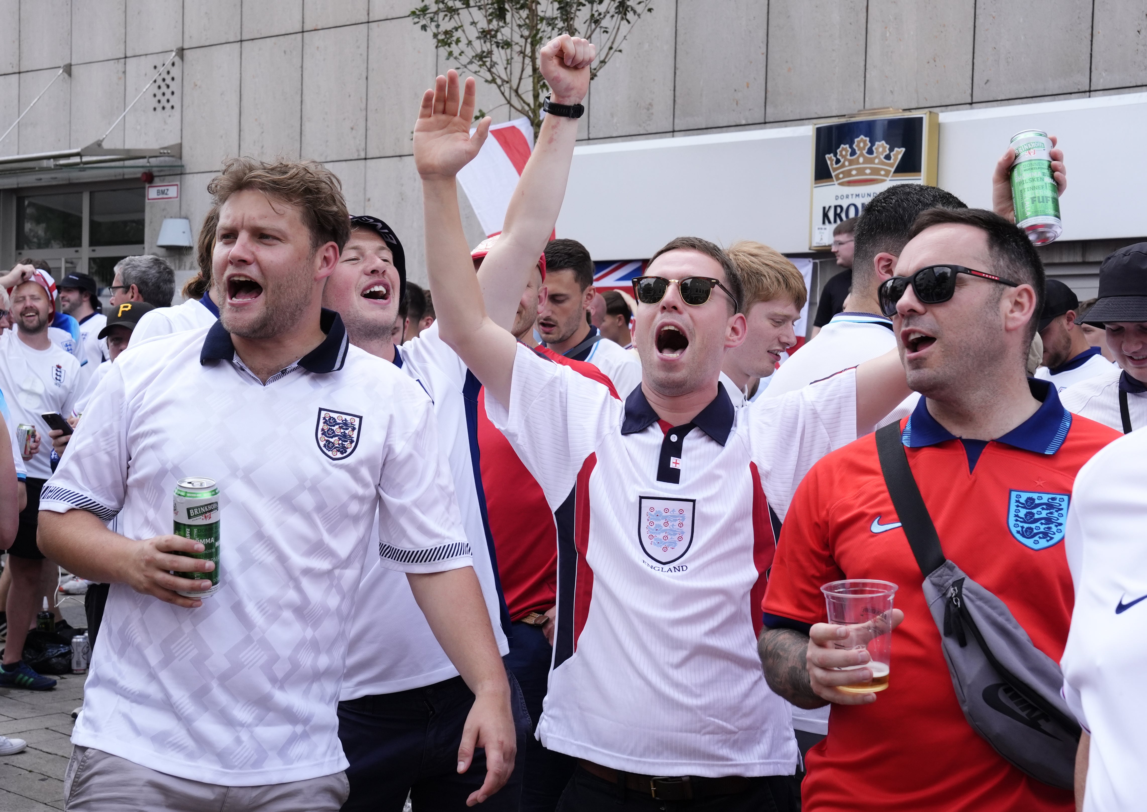 English fans mingle with Dutch fans ahead of the Euro 2024 semi-final in Dortmund (Nick Potts/PA)