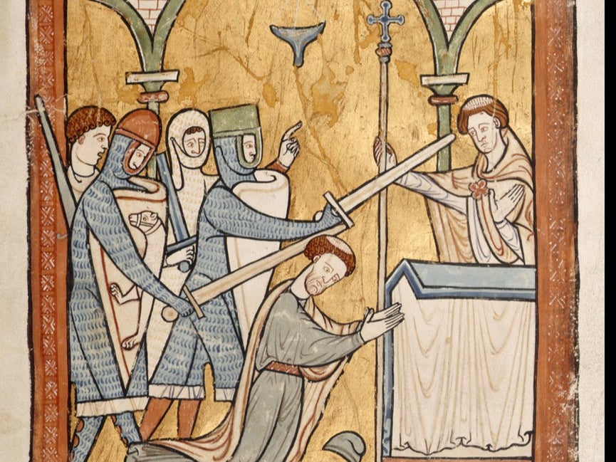 Canterbury was a major pilgrimage center in the Middle Ages - because one of its archbishops, Thomas Becket, was murdered at the altar by assassins instigated by King Henry II. This 13th-century painting depicts the event. Becket was canonized by the papacy shortly after his murder.