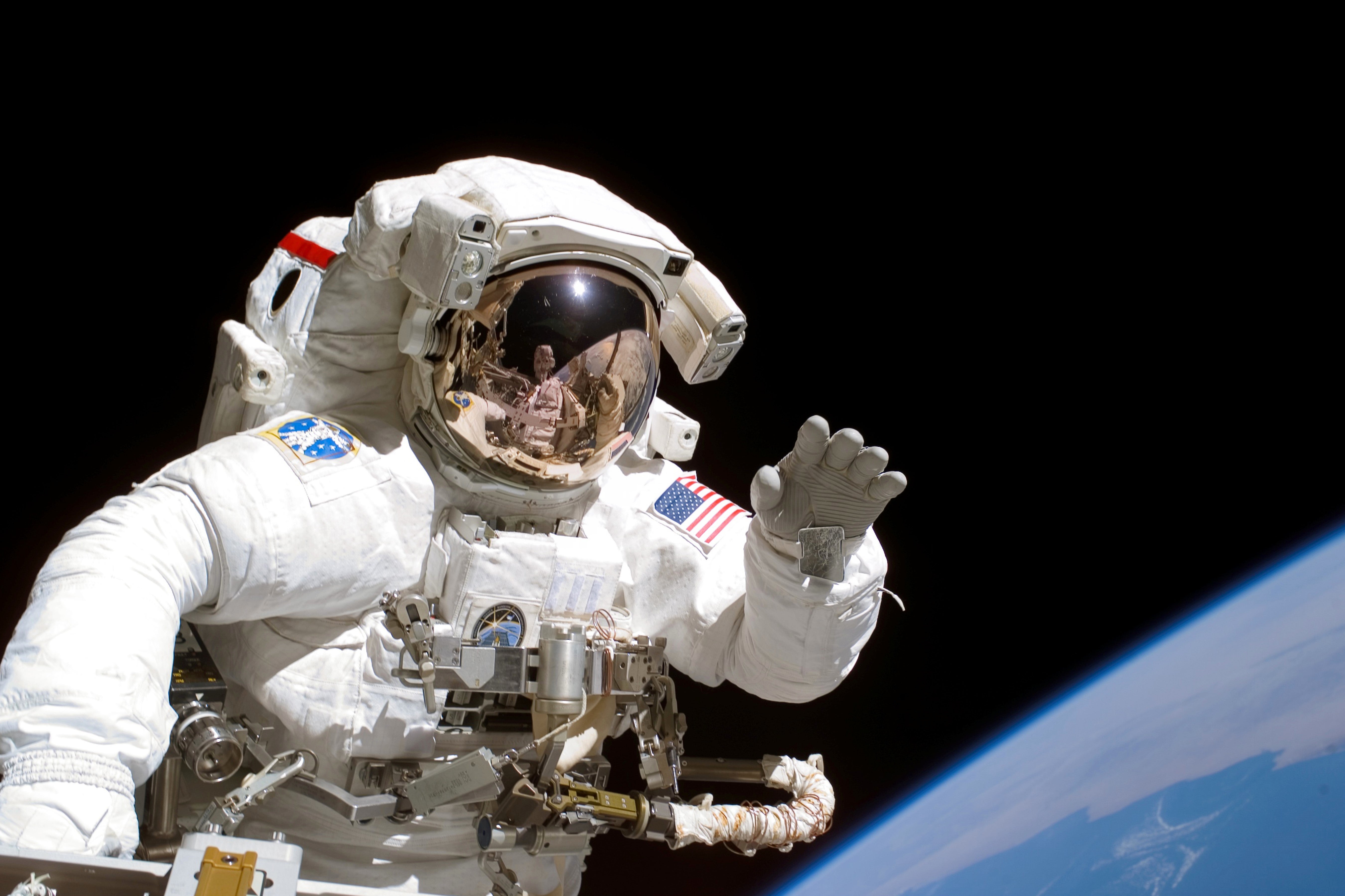 American astronaut Joseph Tanner on a space walk at the International Space Station in September 2006