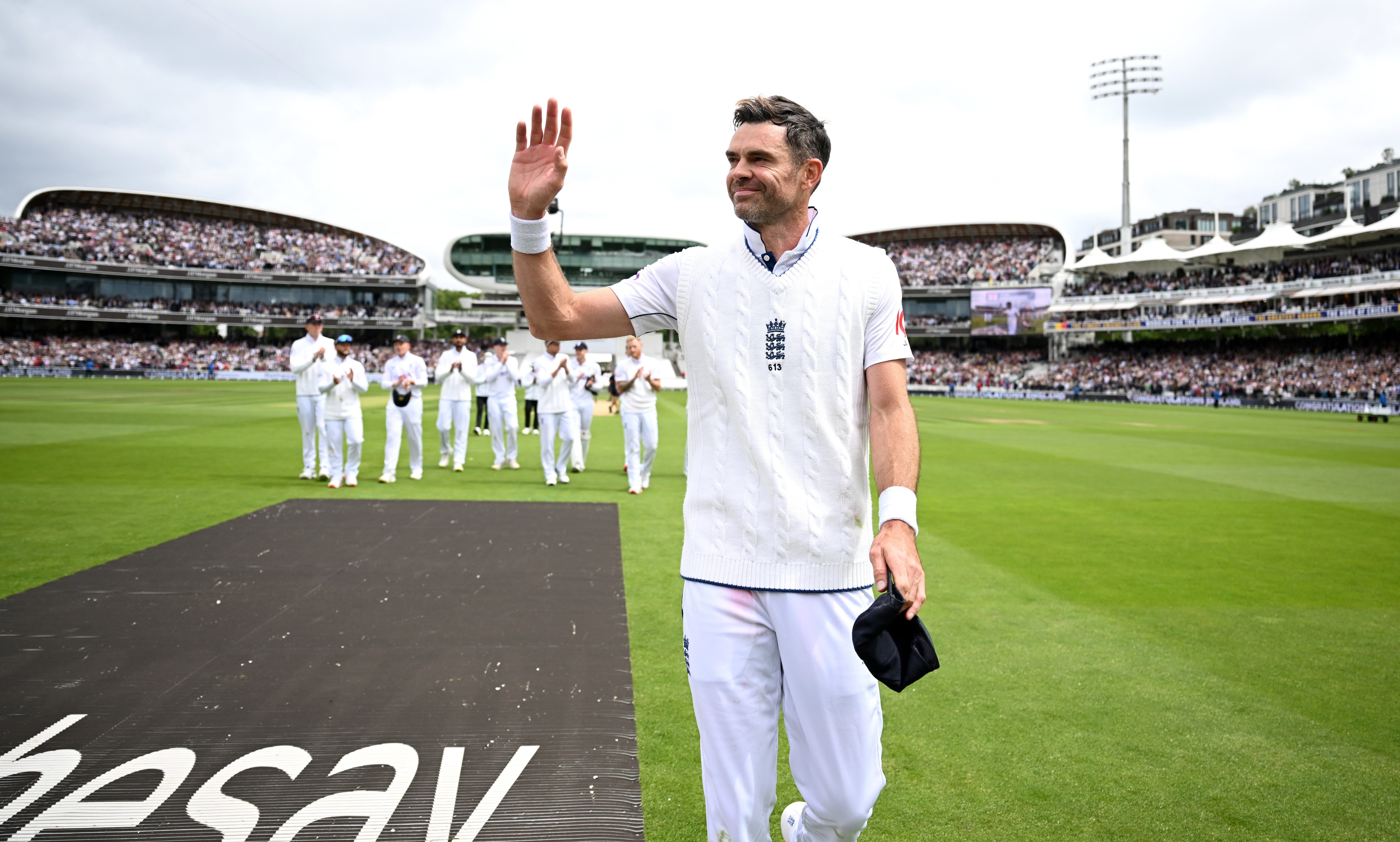 James Anderson led England off the field at Lord’s after their win over the West Indies