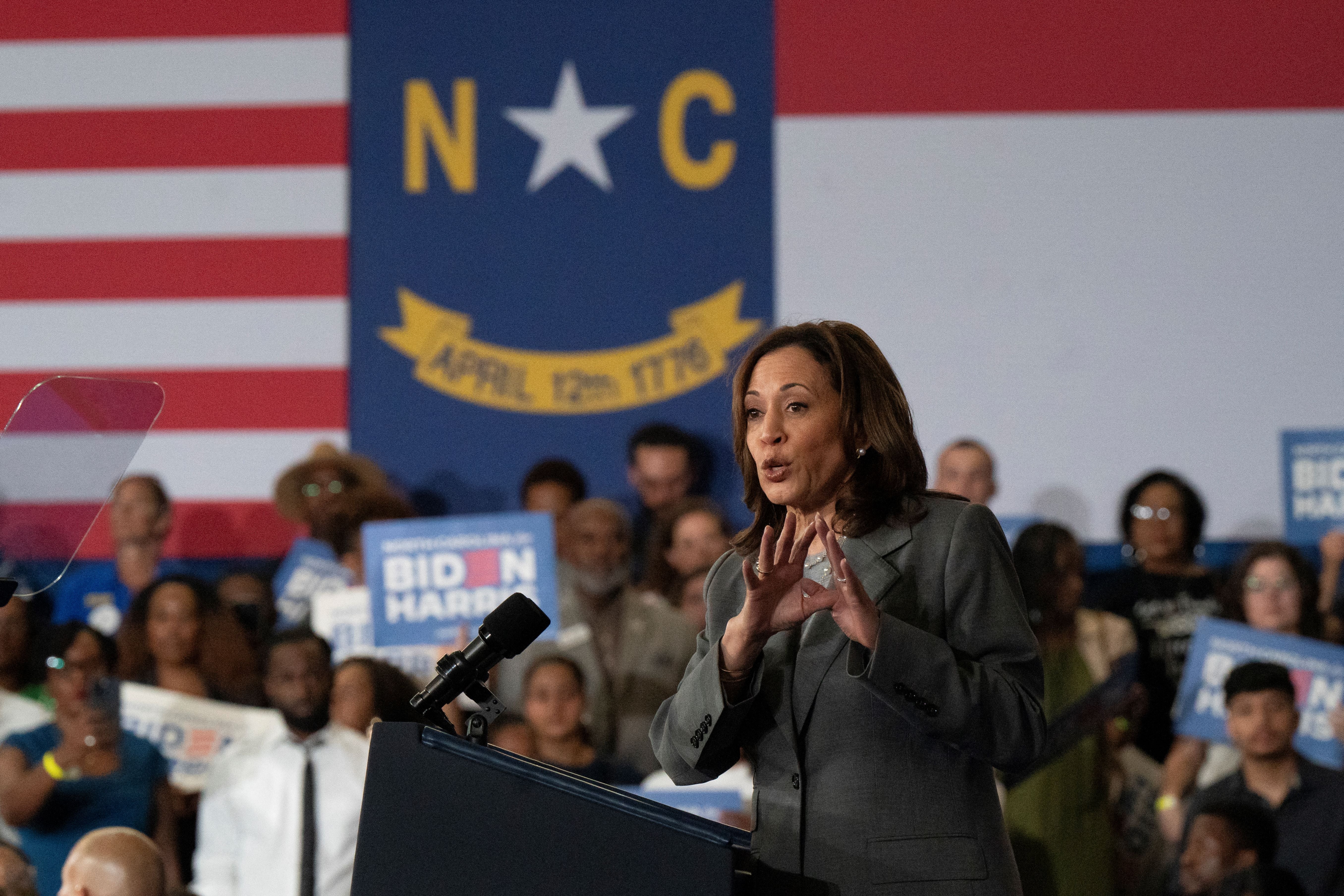 Vice President Kamala Harris speaks at a campaign event at James B. Dudley High School on July 11, 2024 in Greensboro, North Carolina. She’s seen as one of the top candidates to replace Biden