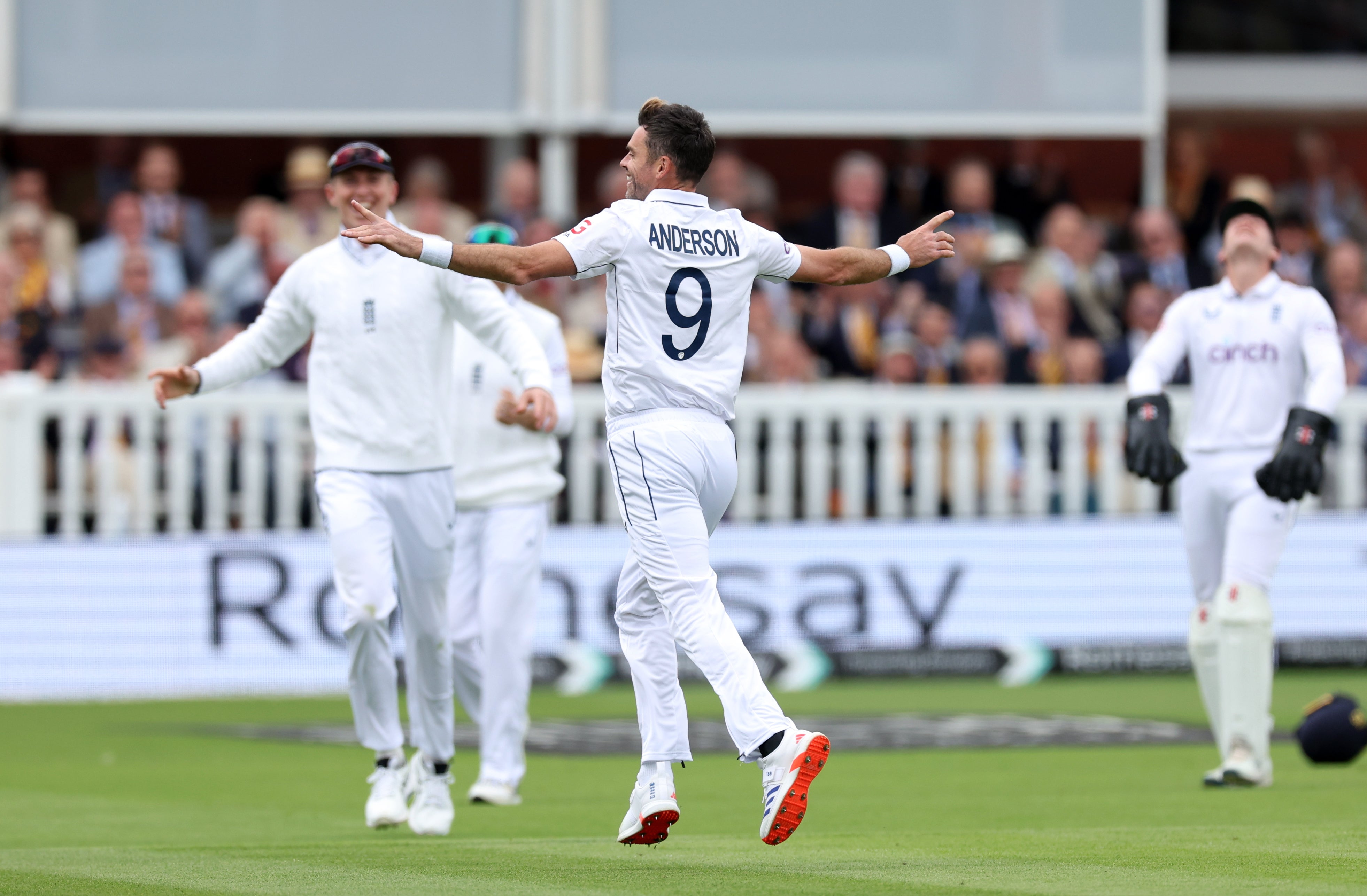 England James Anderson celebrates his final Test wicket (Steven Paston/PA)