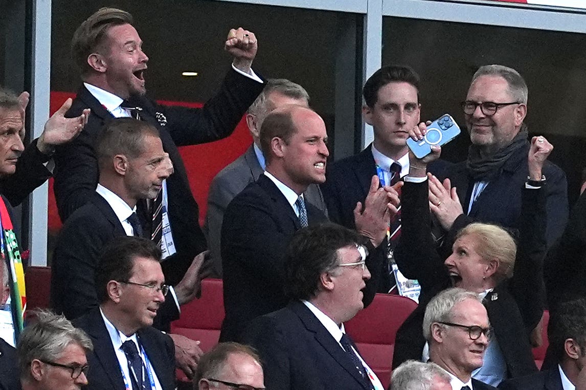 The Prince of Wales celebrates England winning a penalty shootout (Martin Rickett/PA)