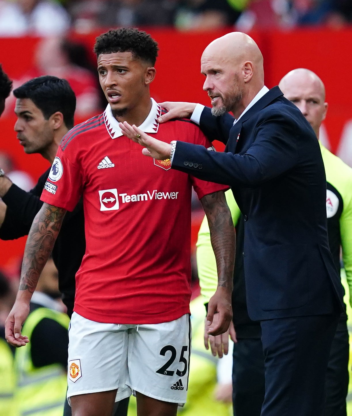 Jadon Sancho, left, and Manchester United manager Erik ten Hag fell out last season (Martin Rickett/PA)