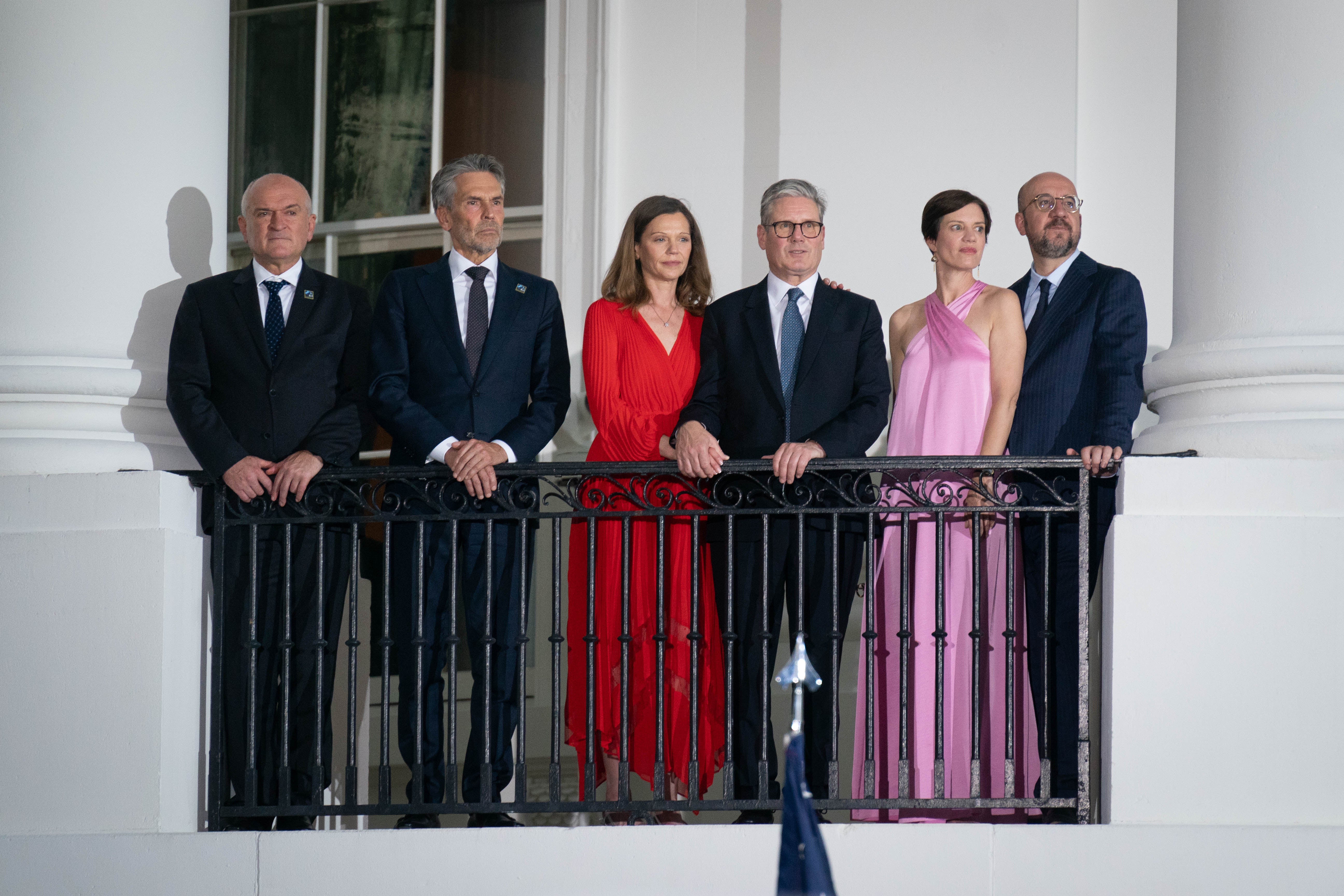 Sir Keir Starmer and wife Victoria with the Prime Minister of Bulgaria Dimitar Glavchev, Prime Minister of the Netherlands Dick Schoof, Amelie Derbaudrenghien and her husband Charles Michel, the European Council president, at the White House (Stefan Rousseau/PA)