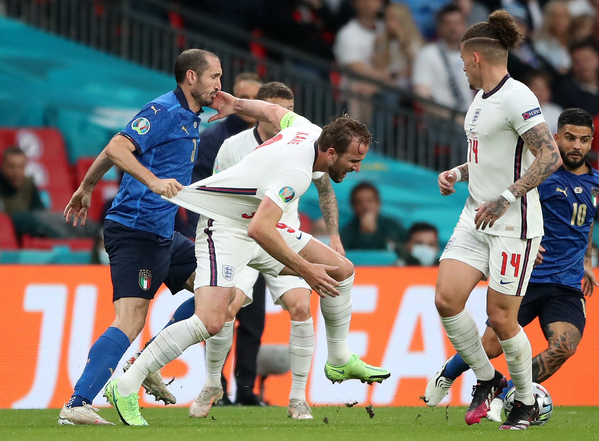 Giorgio Chiellini (left) pulls back Harry Kane during the Euro 2020 final at Wembley (Nick Potts/PA)