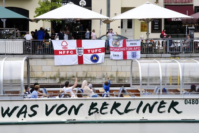 England fans have started massing in Berlin for the Euro 2024 final (Nick Potts/PA)
