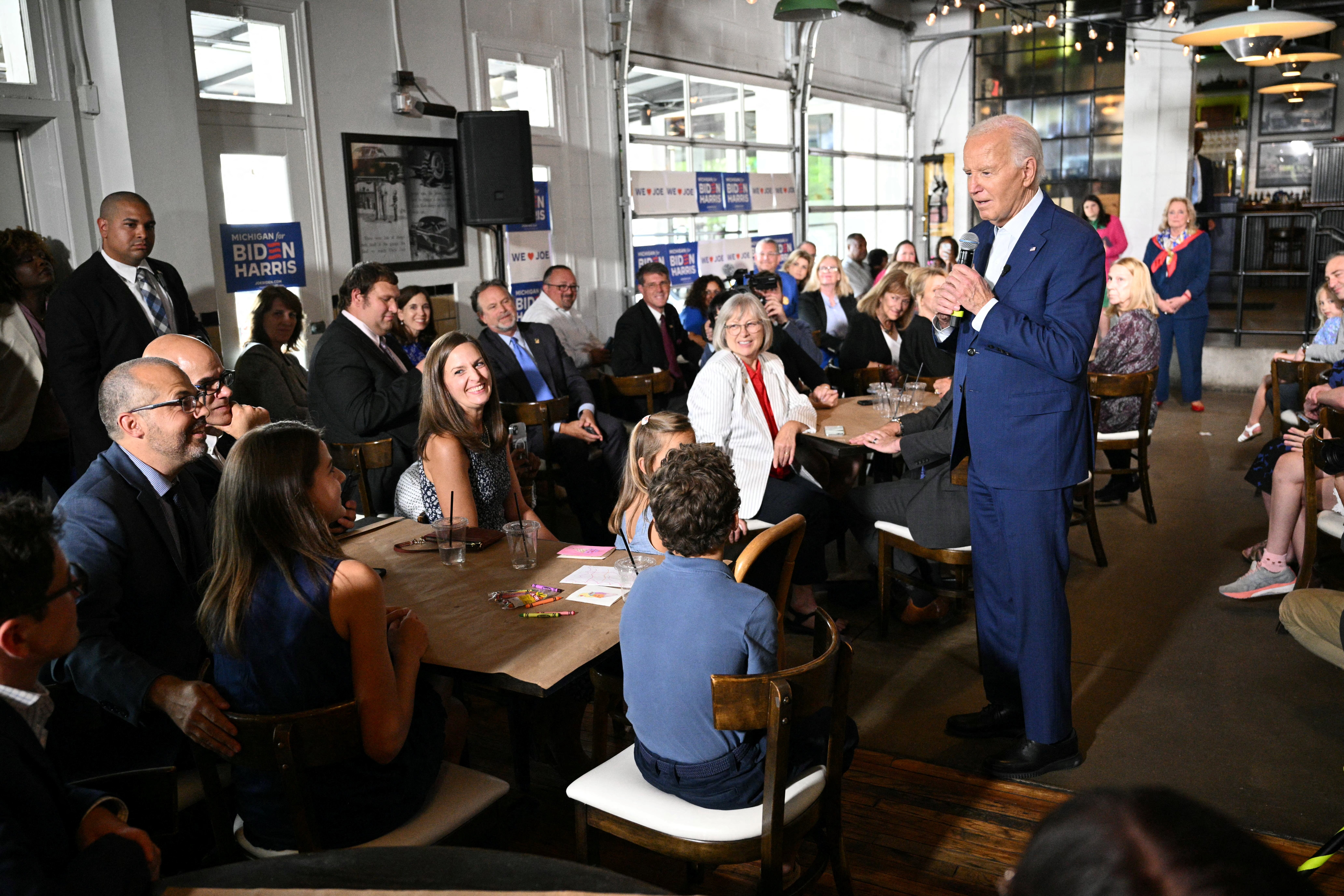 President Joe Biden speaks during a stop at the Garage Grill & Fuel Bar in Northville, Michigan, ahead of a campaign event in Detroit on July 12, 2024.