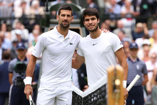<p>Djokovic and Alcaraz before last year’s Wimbledon final, won by the Spaniard in five sets  </p>