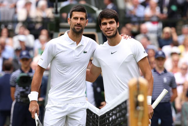 <p>Djokovic and Alcaraz before last year’s Wimbledon final, won by the Spaniard in five sets  </p>