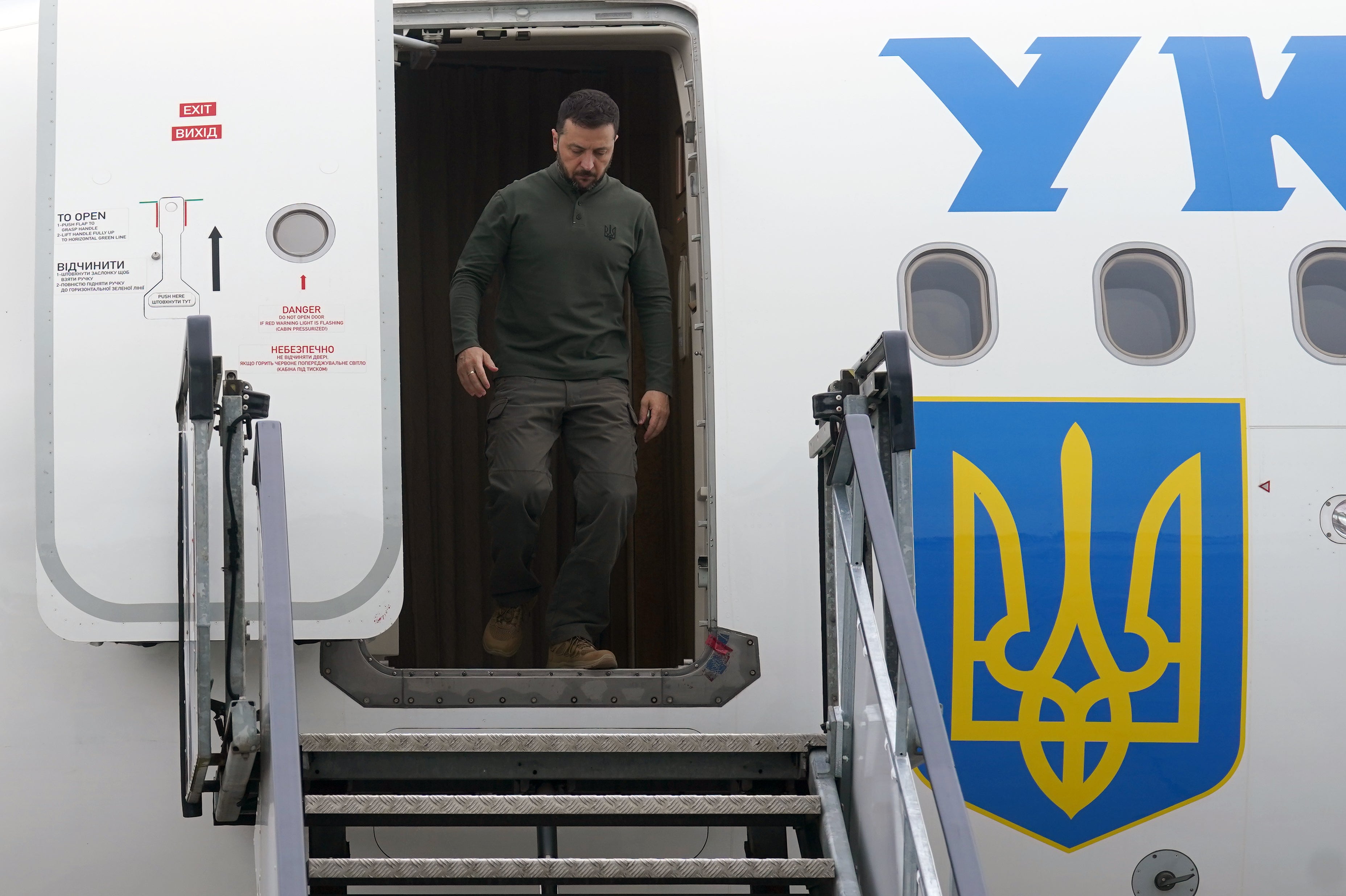 Ukrainian President Volodymyr Zelensky arrives at Shannon Airport in County Clare for a bilateral meeting with Taoiseach Simon Harris.