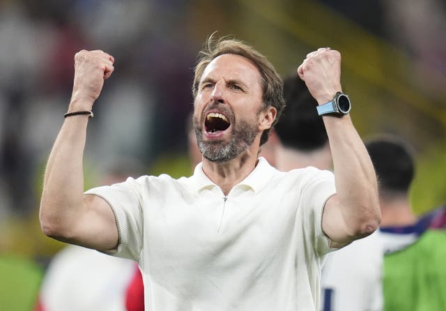 <p>England manager Gareth Southgate celebrates the semi-final win against the Netherlands</p>