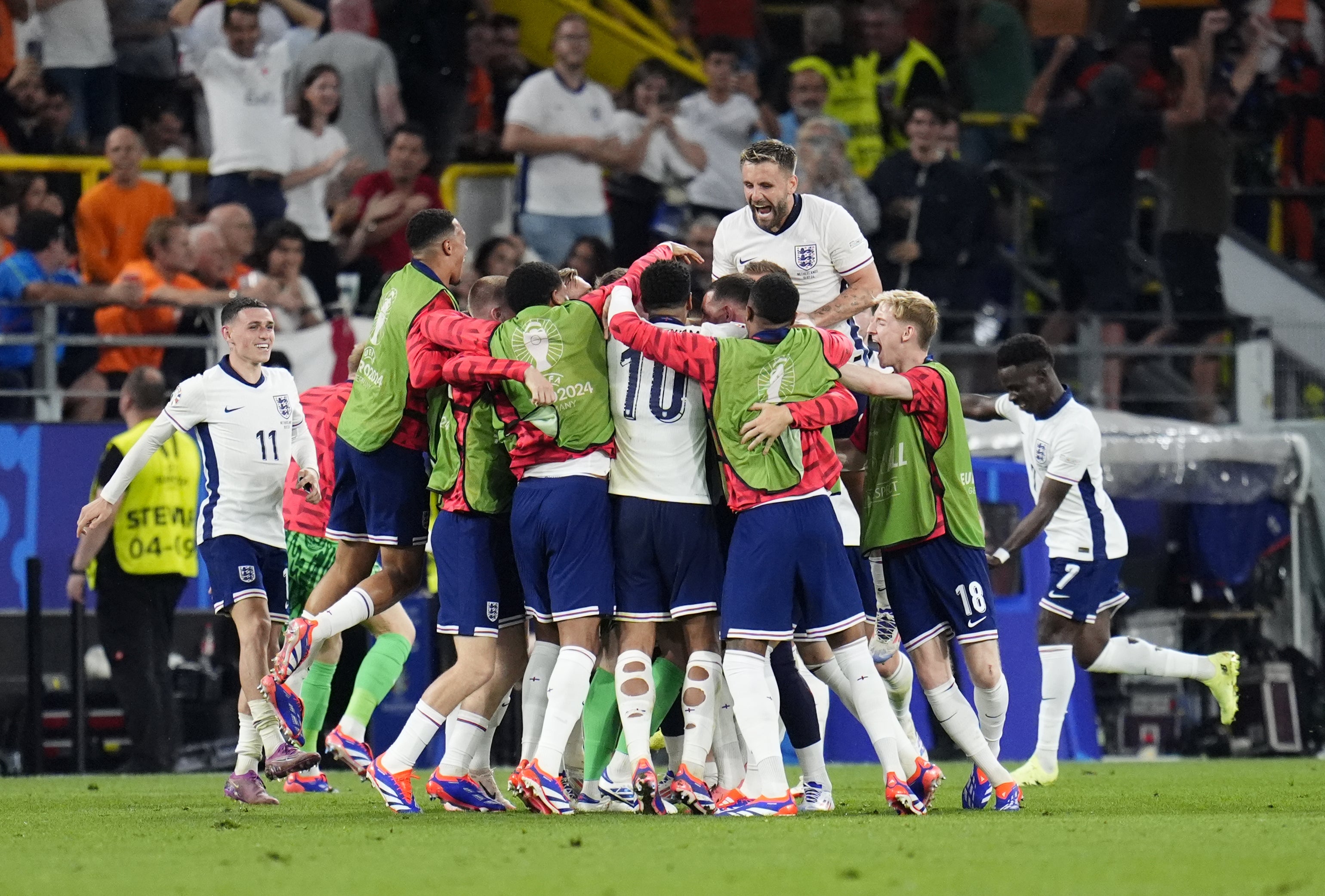 England celebrate Ollie Watkins’ winner against the Netherlands (Nick Potts/PA)