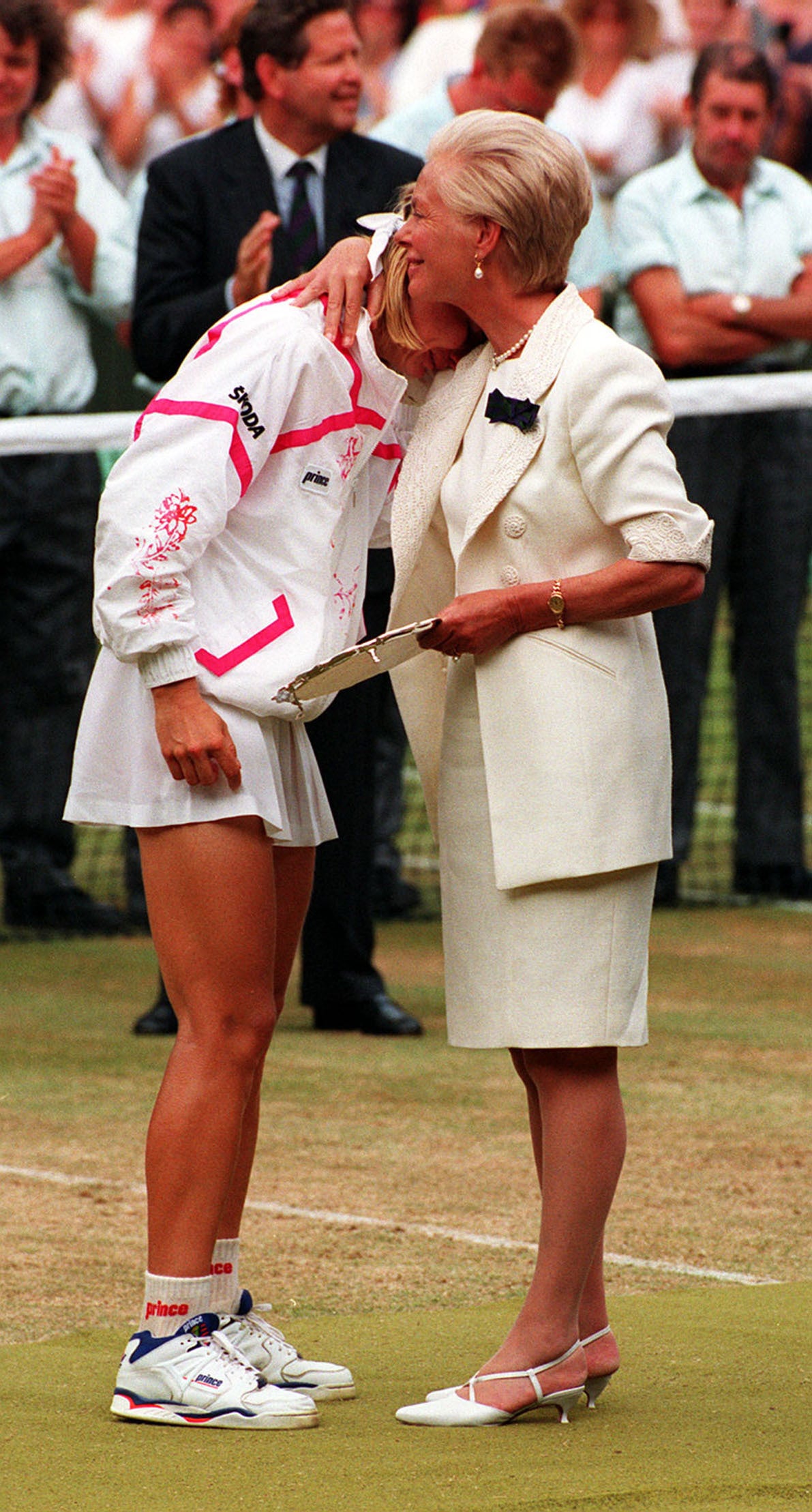 Jana Novotna, left, is consoled by the Duchess of Kent in 1993 (Neil Munns/PA)