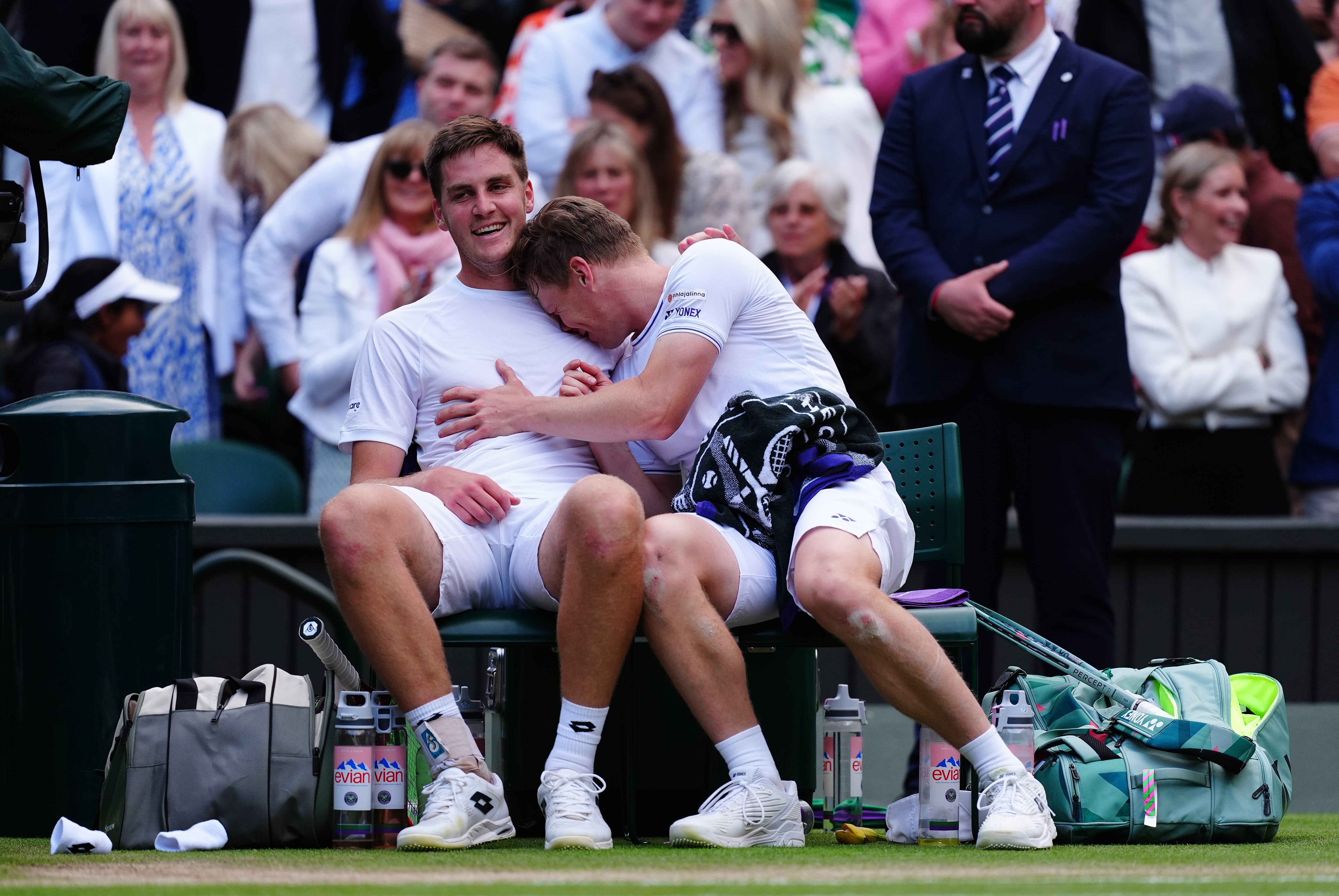 Henry Patten and Harri Heliovaara celebrate their victory (Mike Egerton/PA)