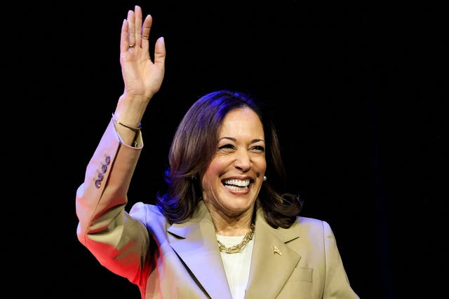 <p>Vice President Kamala Harris waves as she attends an Asian and Pacific Islander American Vote presidential town hall in Philadelphia on July 13</p>