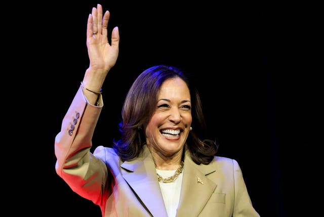 <p>Vice President Kamala Harris waves as she attends an Asian and Pacific Islander American Vote presidential town hall in Philadelphia on July 13</p>