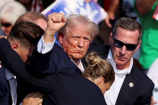 <p>Donald Trump gestures as he is hoisted off stage by the Secret Service agents after he was injured in a shooting at his campaign rally in Butler, Pennsylvania on Saturday </p>