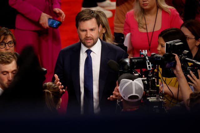 <p>JD Vance, one of the finalists to serve as Donald Trump’s vice presidential nominee in 2024, speaks to reporters after the first debate between Trump and Joe Biden</p>
