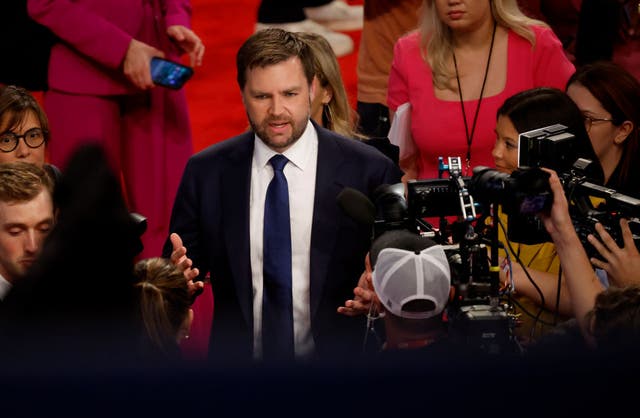 <p>JD Vance, one of the finalists to serve as Donald Trump’s vice presidential nominee in 2024, speaks to reporters after the first debate between Trump and Joe Biden</p>
