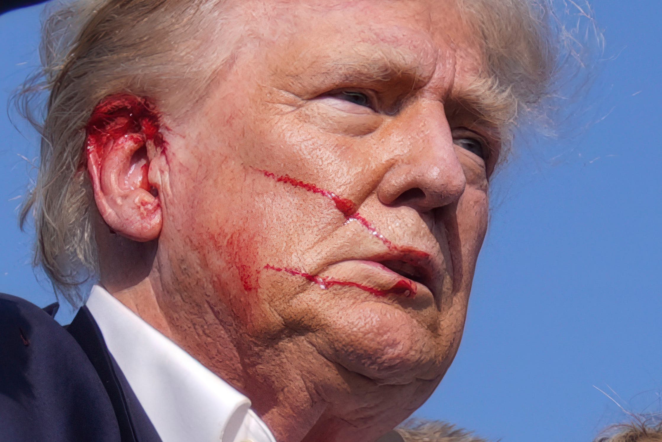 Donald Trump is seen with a bloody face after surviving an assassination attempt at a rally in Pennsylvania