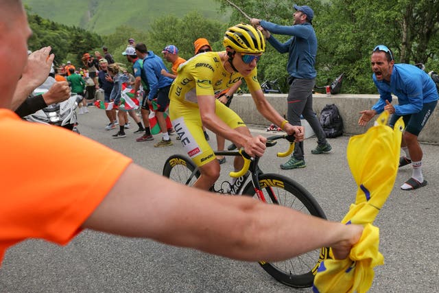 <p>Tadej Pogacar had crisps thrown at him during Saturday’s Tour de France stage </p>