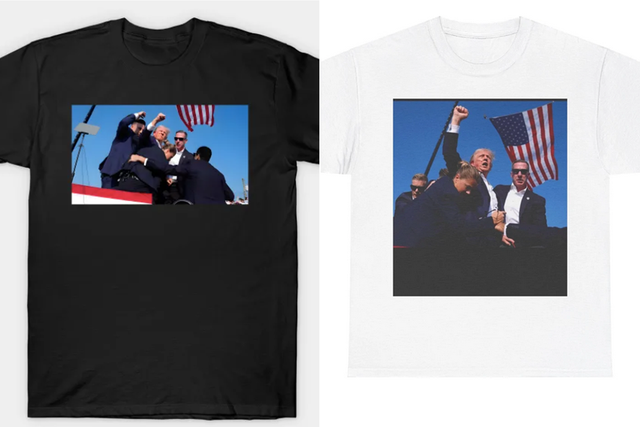 <p>T-shirts on sale from online marketplaces show the moment Trump recovers after an assassination attempt </p>