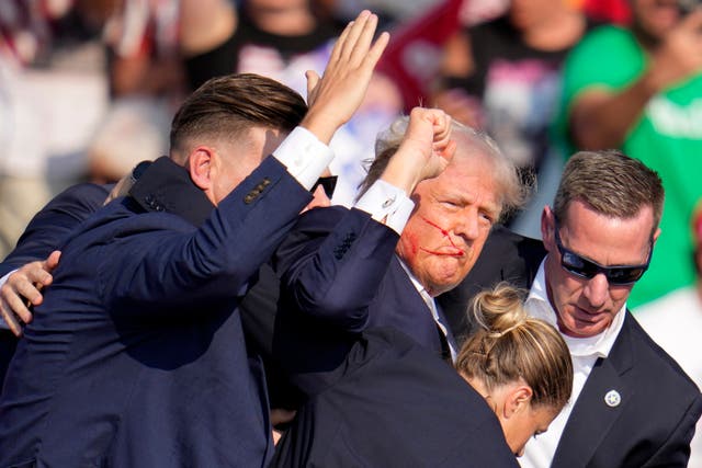 <p>Donald Trump raises his fist as he is helped off the stage by Secret Service agents</p>
