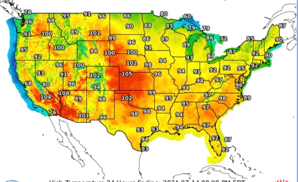 A heat map from the National Weather Service shows where extreme heat is likely to hit across the US on Sunday