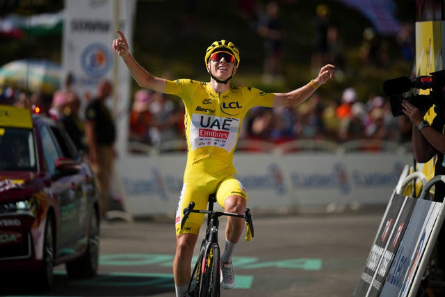 Tadej Pogacar won a second consecutive stage of the Tour de France to extend his commanding lead in yellow (Daniel Cole/AP)