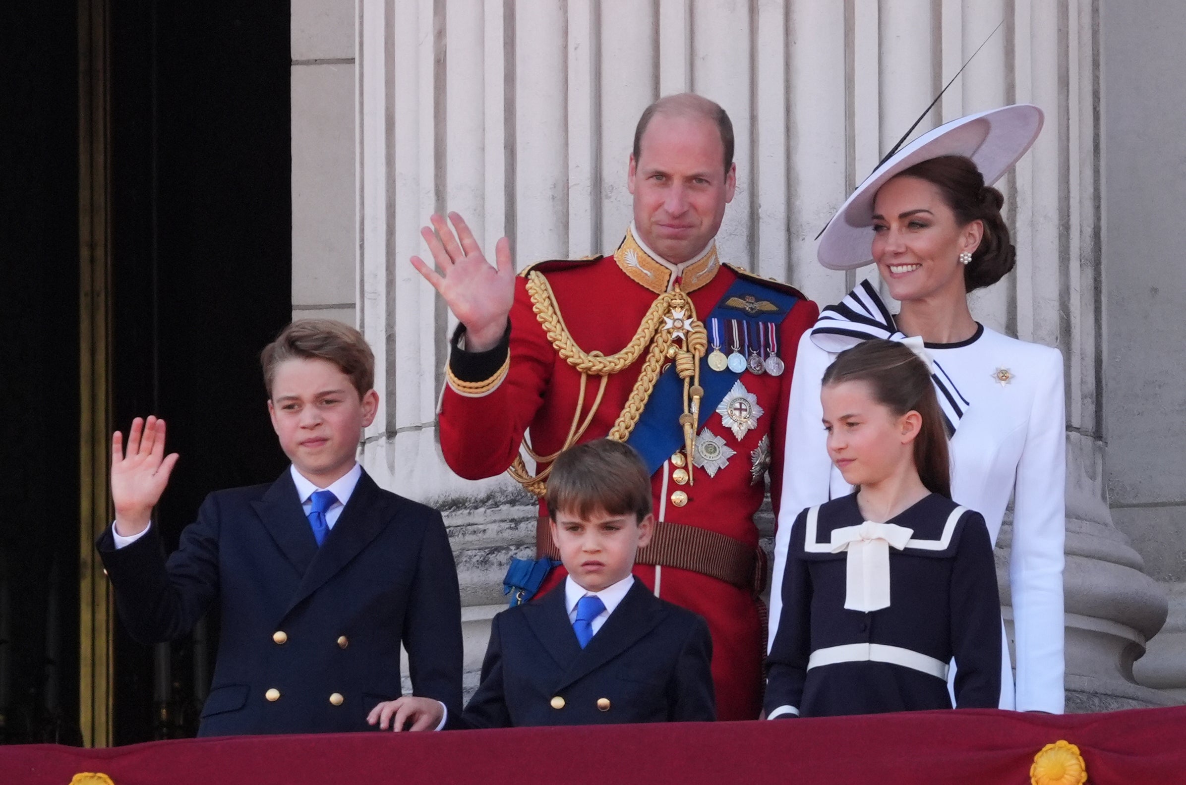 Prince George, the Prince of Wales, Prince Louis, the Princess of Cambria and Princess metropolis on the balcony of Buckingham Palace at the 2024 Trooping the Colour.