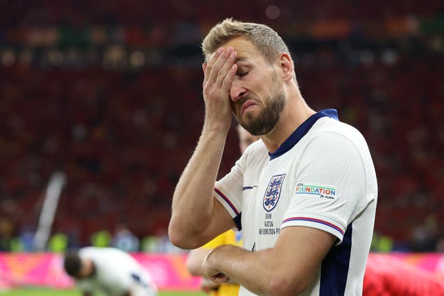<p>Harry Kane reacts after England’s defeat by Spain</p>