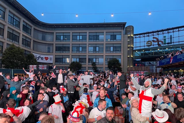 <p>England fans cheer after Cole Palmer equalises during the Euro Finals at the Newcastle fan zone </p>