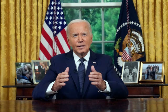 <p>President Joe Biden addresses the nation from the Oval Office of the White House in Washington, Sunday, 14 July 2024, about the assassination attempt of Republican presidential candidate former president Donald Trump</p>