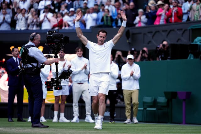 Andy Murray acknowledges the Centre Court crowd during his farewell (Zac Goodwin/PA)