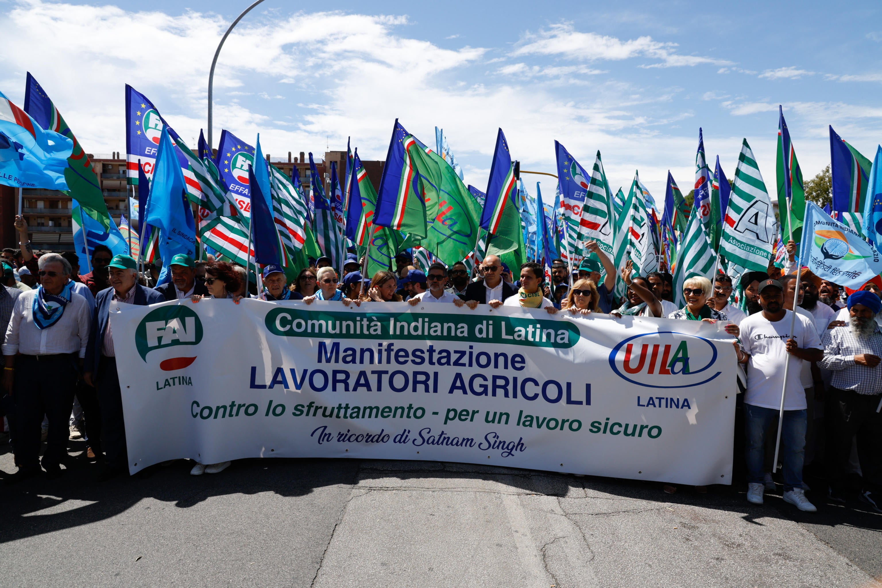 People attend a demonstration against gangmastering and exploitation after the death of Satnam Singh, in Latina, Italy, on 25 June 2024