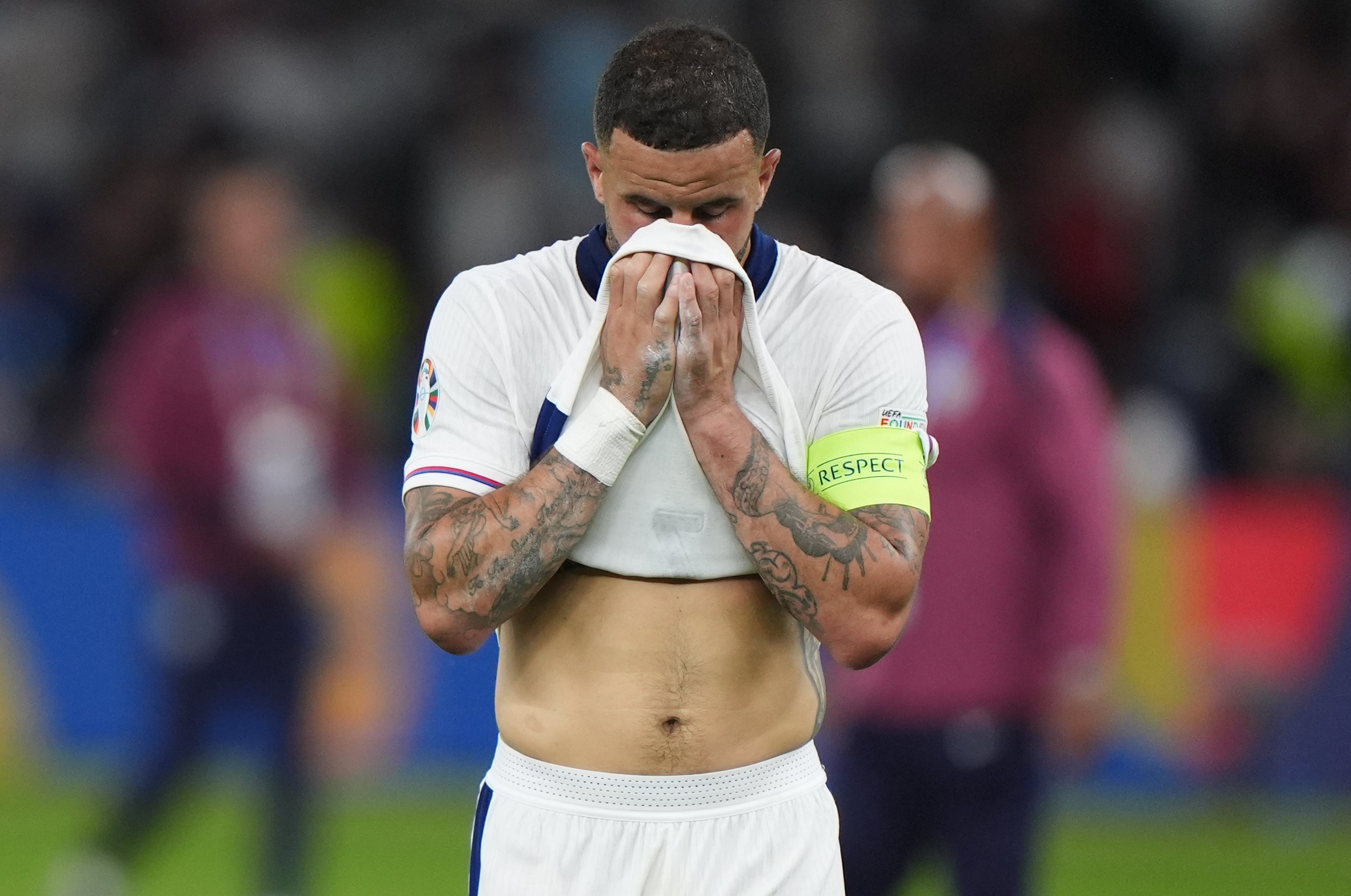 England’s Kyle Walker reacts after the Euro 2024 final defeat by Spain