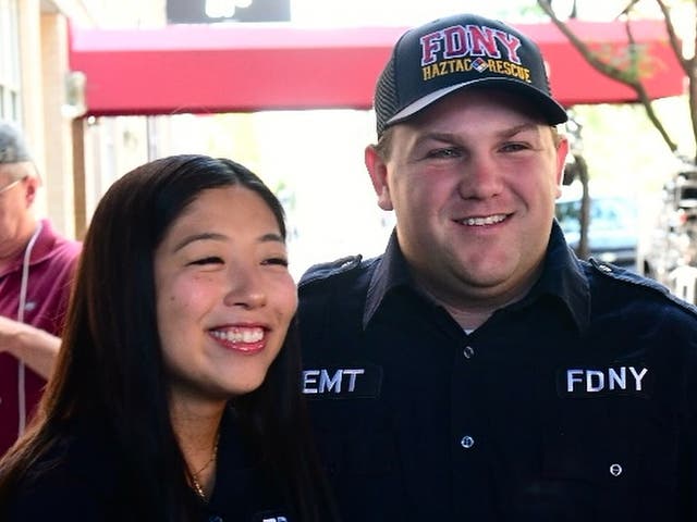 <p>EMTs Mia Chin and Patrick Feimer helped rescue the newborn baby</p>