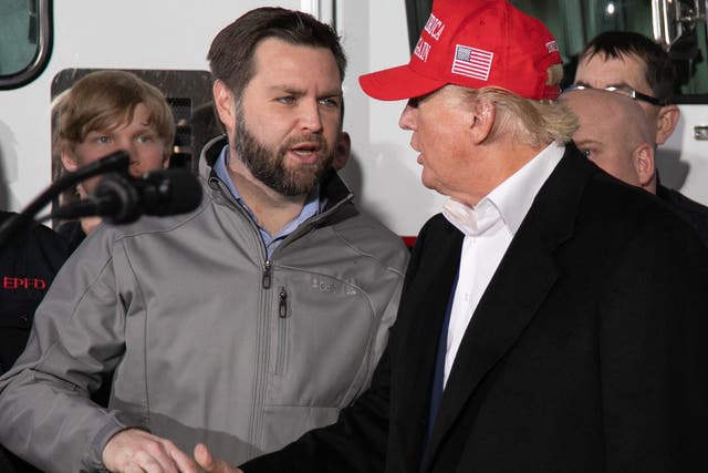 <p>JD Vance meets with Donald Trump in Ohio following the East Palestine train derailment in February 2023</p>