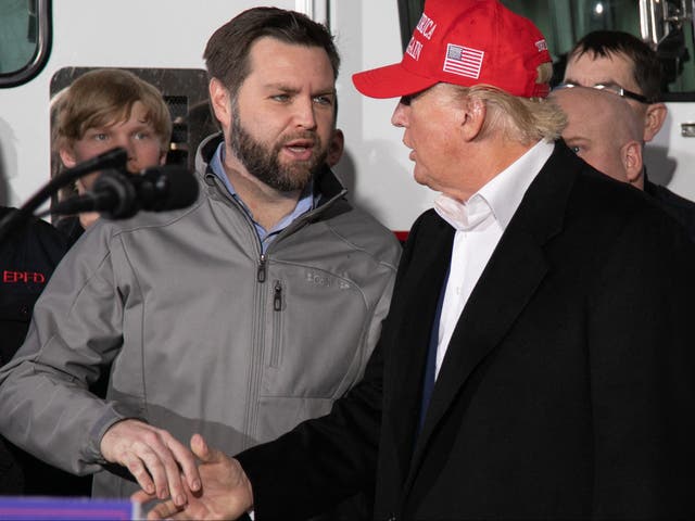 <p>JD Vance meets with Donald Trump in Ohio following the East Palestine train derailment in February 2023</p>