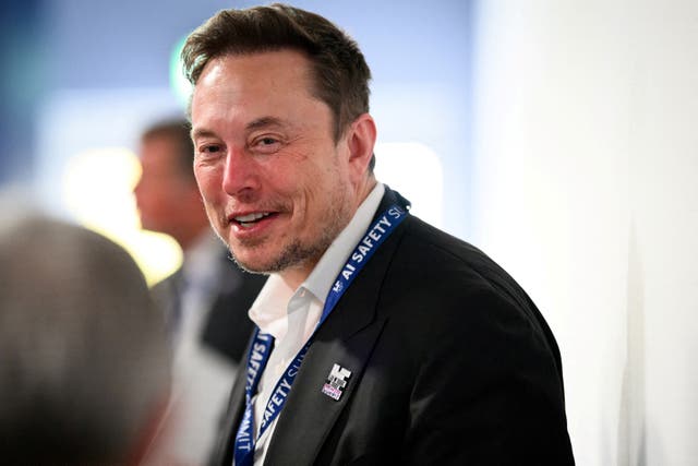 <p>Elon Musk spotted at the AI Safety Summit in Bletchley Park, England, in November 2023. It has now been revealed that he is donating $45 million a month to a pro-Trump PAC </p>
