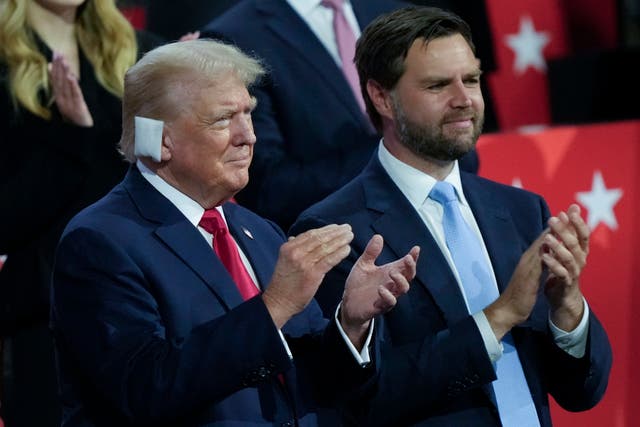 <p>Republican presidential candidate former president Donald Trump and Republican vice presidential candidate senator JD Vance, appear during the Republican National Convention on Monday</p>