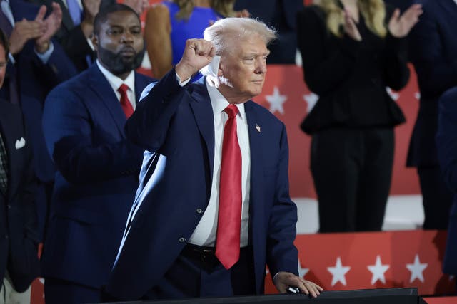 <p>Donald Trump appears at the Republican National Convention in Milwaukee on July 15. The former president attended the opening night of the event, his first public appearance since he was nearly fatally shot at a campaign rally on July 13.</p>