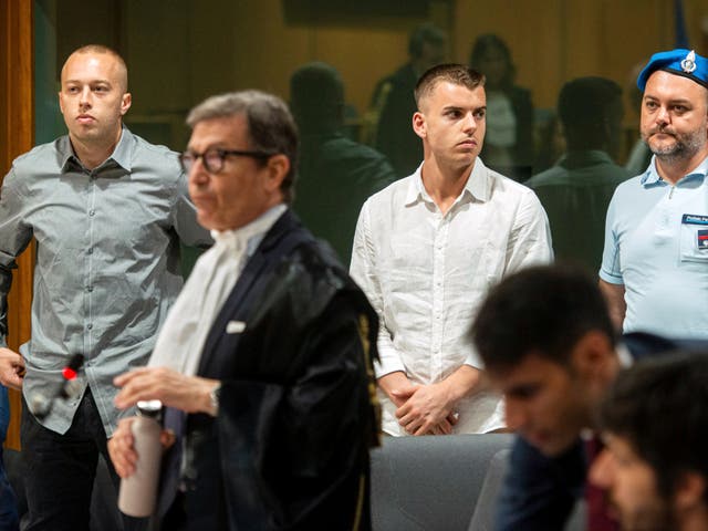 <p>Finnegan Lee Elder, left, and Gabriel Natale Hjorth, centre, appear in court on 26 June 2024</p>