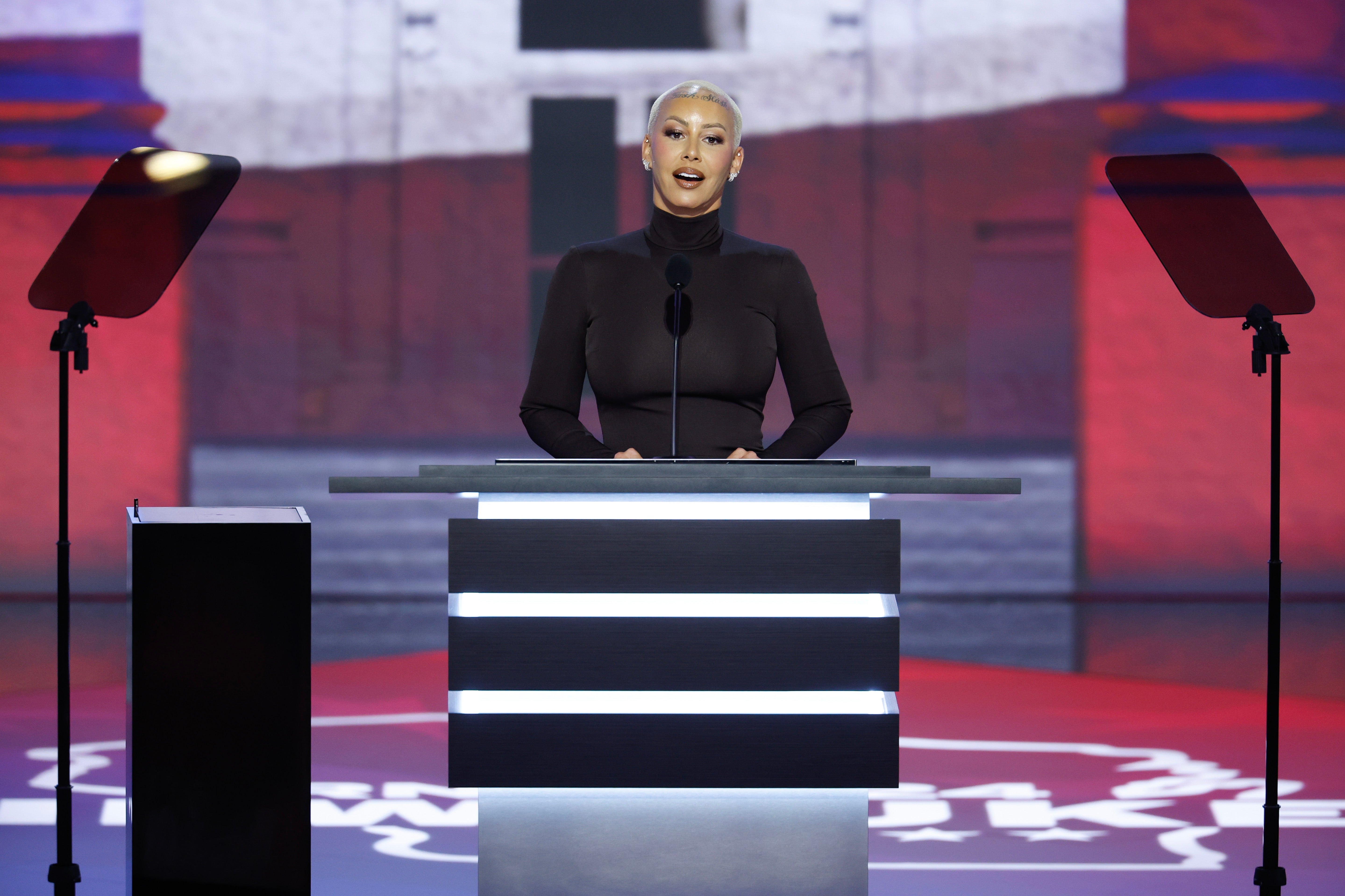 Amber Rose speaking on the first day of the Republican National Convention at the Fiserv Forum on July 15, 2024 in Milwaukee, Wisconsin