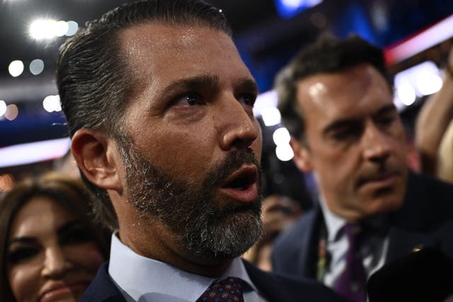 <p>Donald Trump Jr speaks to reporters during the first day of the 2024 Republican National Convention at the Fiserv Forum in Milwaukee, Wisconsin, on July 15 2024</p>