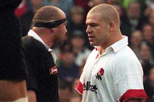 Norm Hewitt (left) and Richard Cockerill square up during the haka