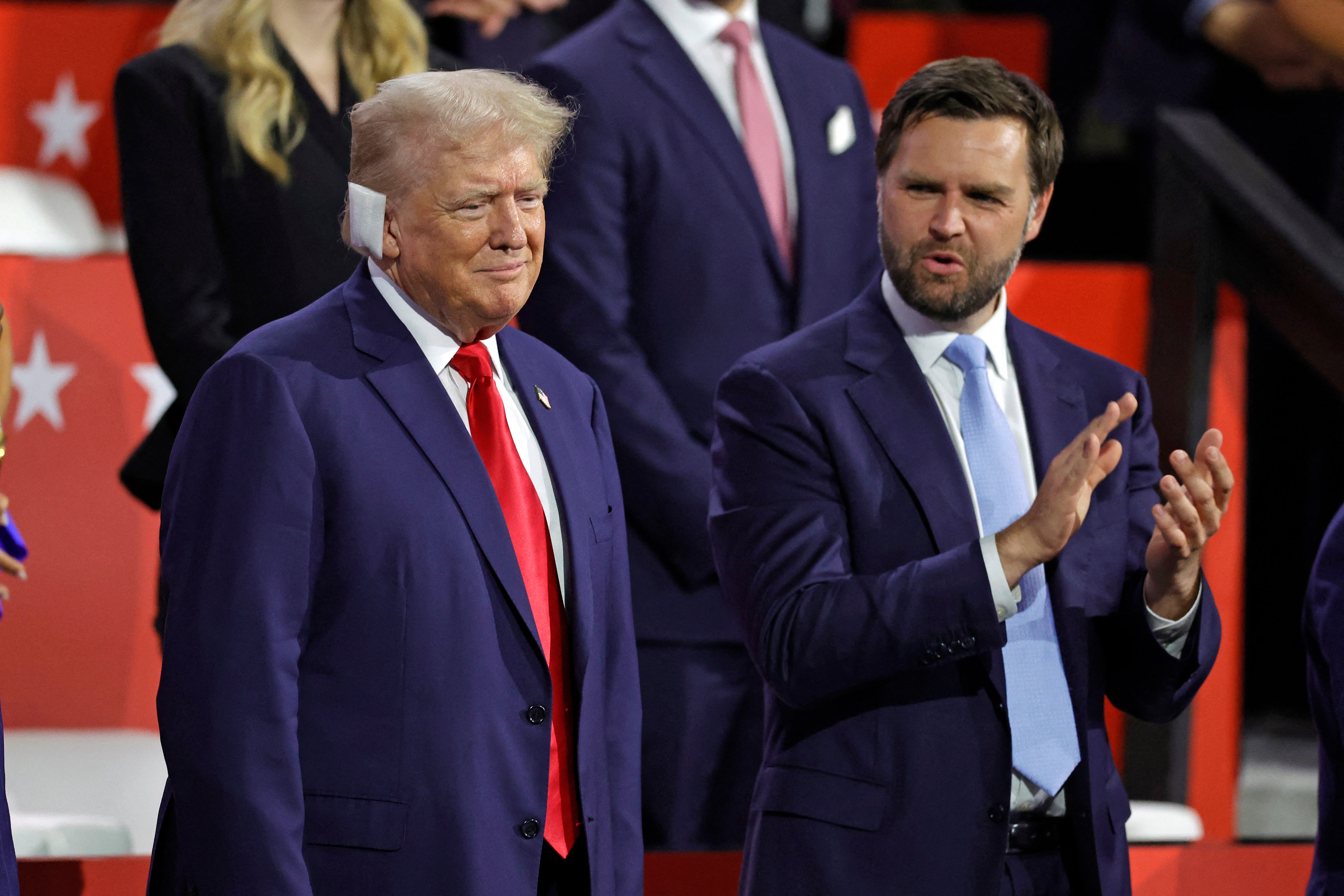 Trump and Vance during the first day of the 2024 Republican National Convention in Milwaukee, Wisconsin on 15 July