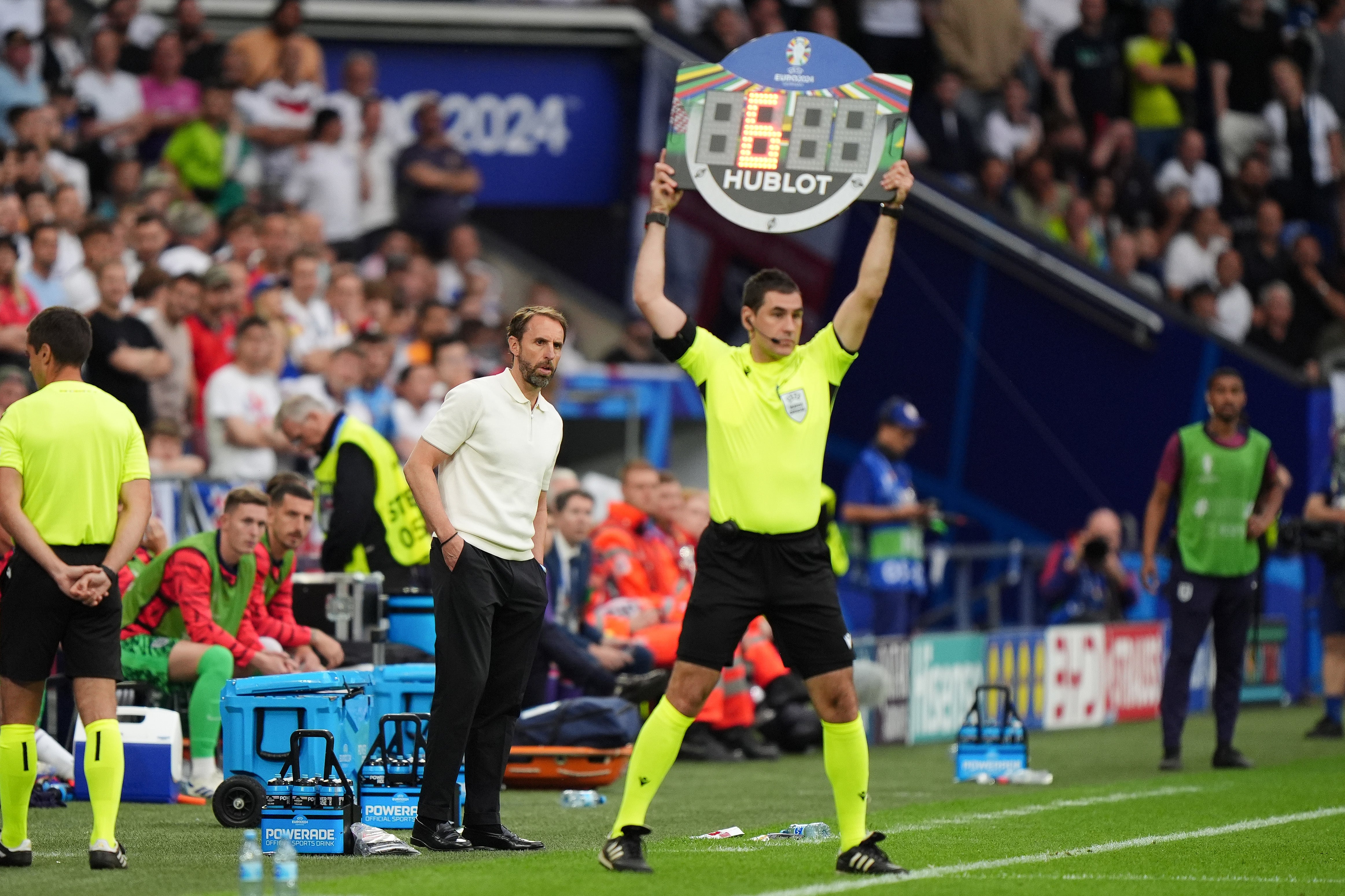 Southgate’s side looked to be crashing out of the tournament against Slovakia in the first knockout round before Jude Bellingham’s jaw-dropping overhead kick deep into six minutes of added time forced extra time, where Harry Kane scored the winner (Bradley Collyer/PA)