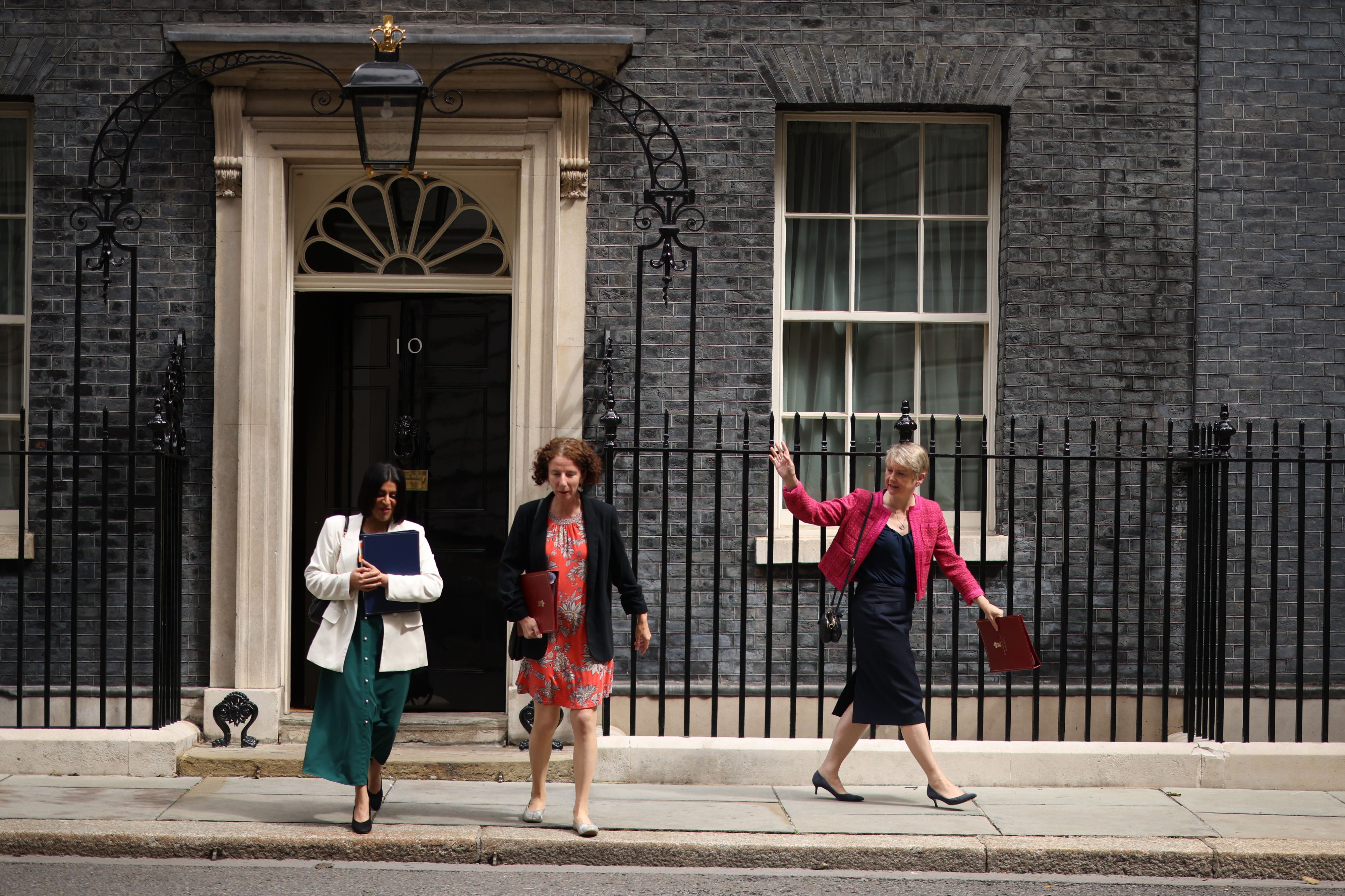 Justice Secretary Shabana Mahmood, Anneliese Dodds MP, Minister of State in the Foreign, Commonwealth and Development Office and Minister for Women and Equalities, and Home Secretary Yvette Cooper leave following a Cabinet meeting at 10 Downing Street on July 16, 2024 in London